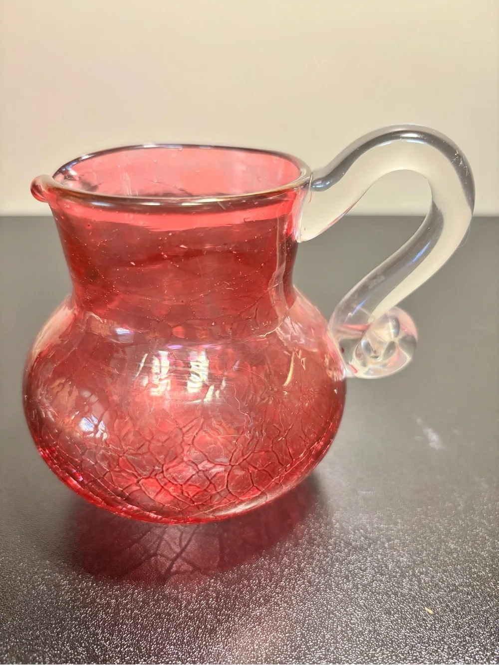 Handblown Cranberry Glass Creamer and Sugar Set with Clear Handles